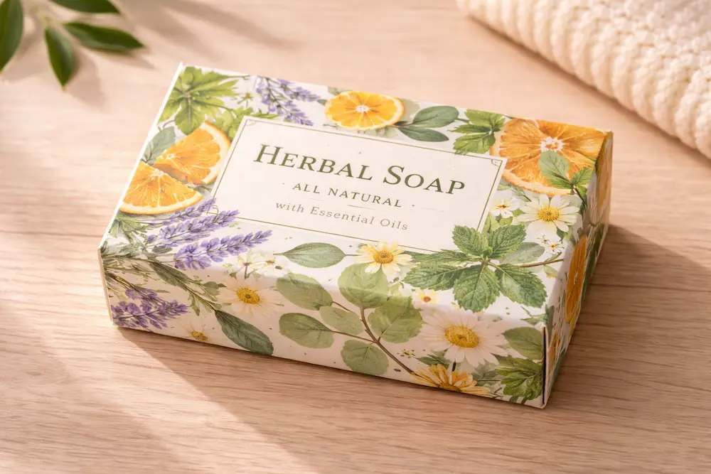 brightly colored soap box with plant pattern