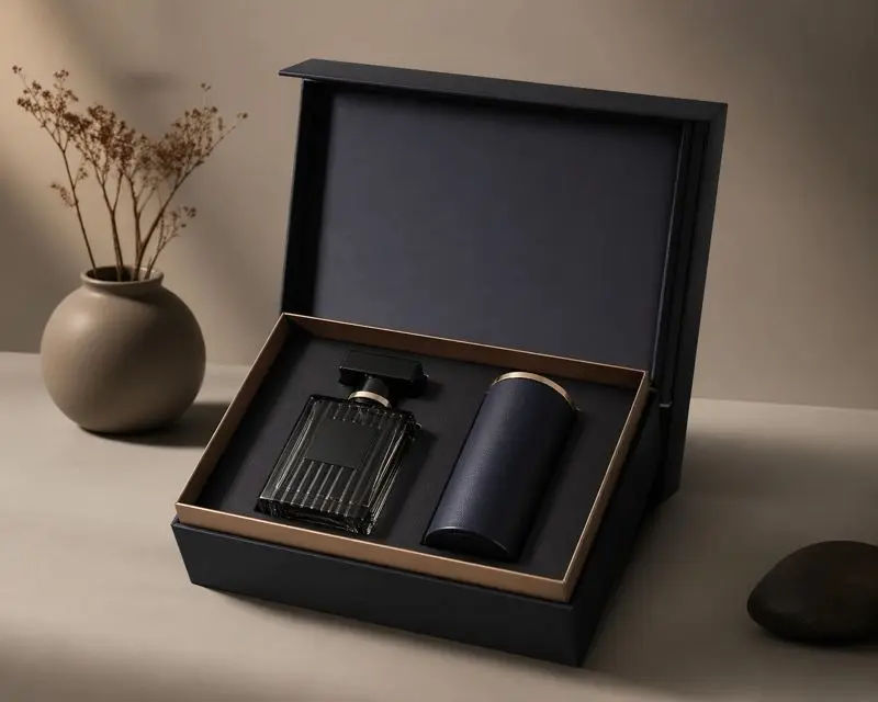 High-end gift box with perfume bottle and container, elegantly placed against a simple background, showing premium quality and 3D depth with subtle shadows, modern luxurious style.