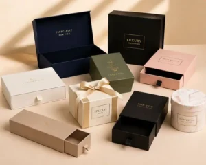 A collection of luxury gift boxes in various shapes, sizes, and colors, including navy, black, green, pink, and cream, arranged on a beige surface under soft studio lighting, showcasing premium packaging for high-end gifts in China