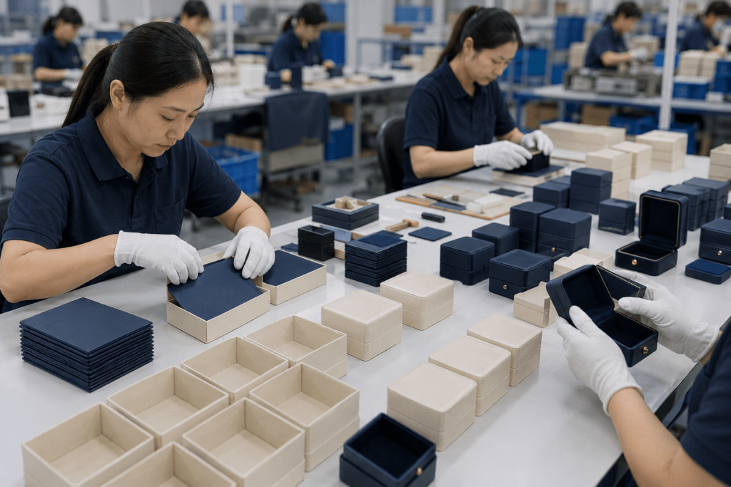 Jewellery box production process in a professional packaging factory