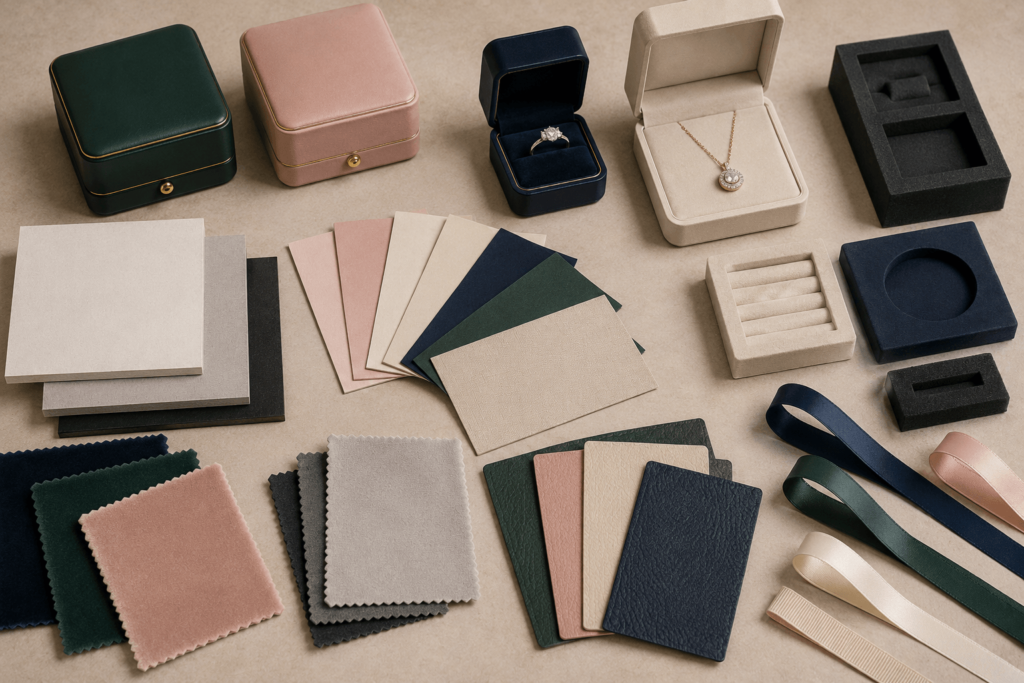 Luxury jewellery box materials including velvet, microfiber, rigid board, and fabric options