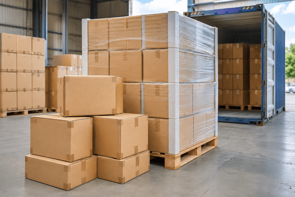 Moving boxes prepared for international shipping