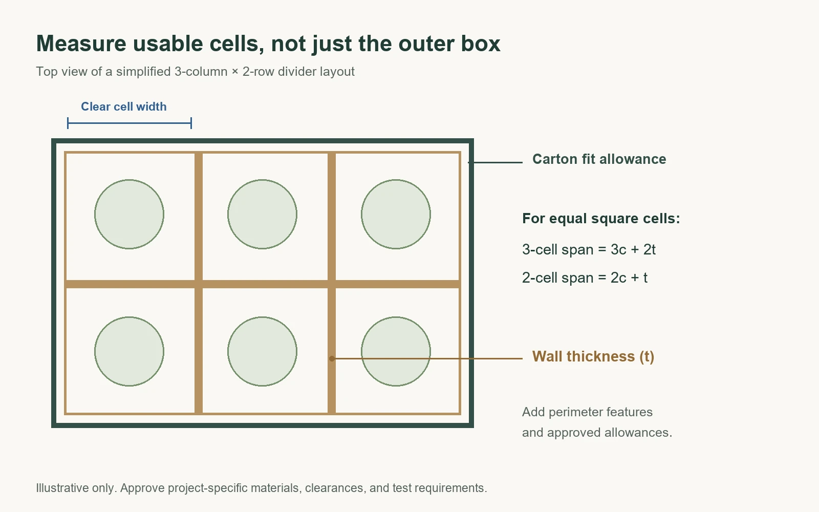 Top-view diagram of a six-cell box divider grid showing cell width, wall thickness and carton clearance