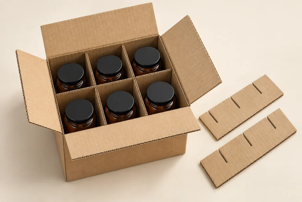 Concept illustration of box dividers for packaging separating six glass jars in a kraft carton