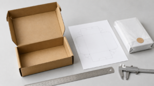 Custom mailer box specification checklist with a corrugated mailer box, dieline and measuring tools