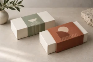 Concept illustration of custom packaging sleeves on ivory boxes