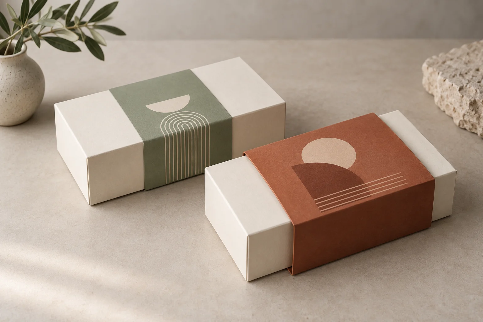 Concept illustration of custom packaging sleeves on ivory boxes