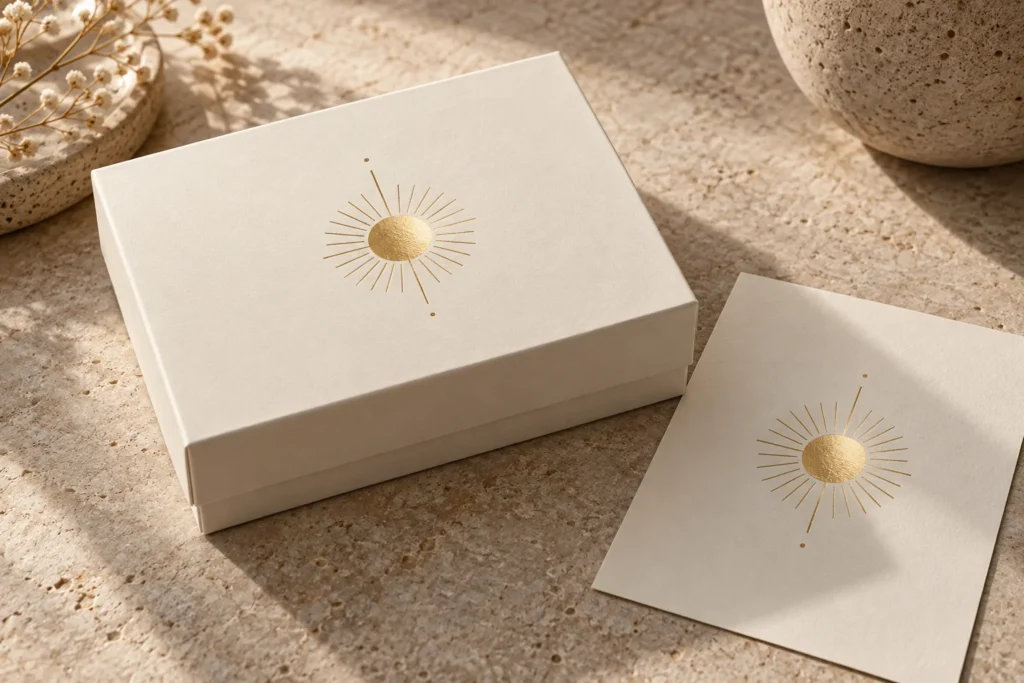 Concept illustration of foil stamping for packaging with a gold motif on an ivory box
