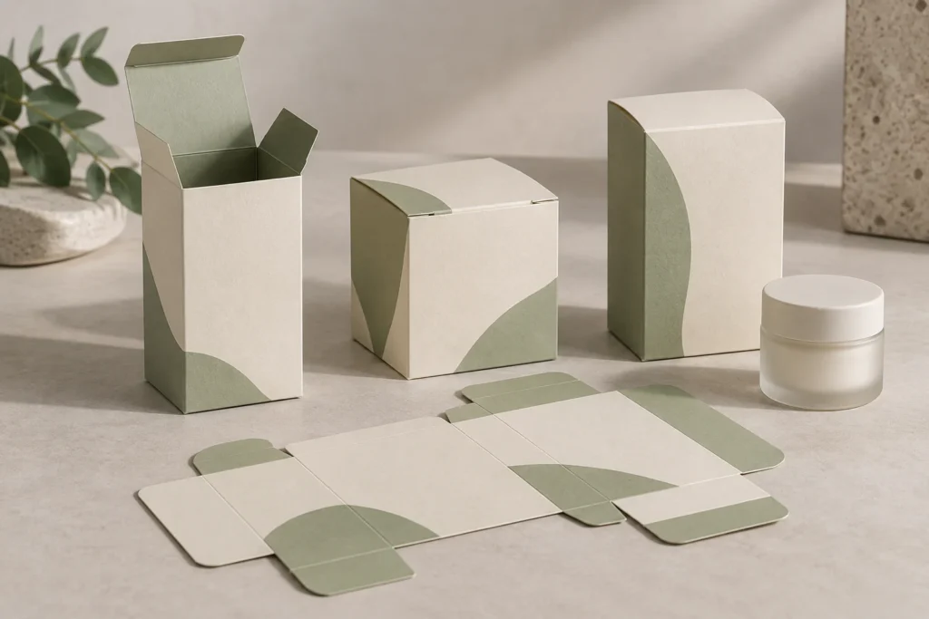 Concept illustration of folding cartons with tuck flaps and a flat blank