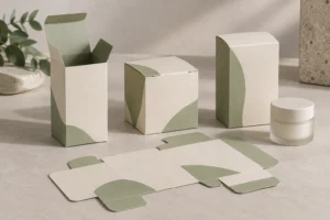 Concept illustration of folding cartons with tuck flaps and a flat blank