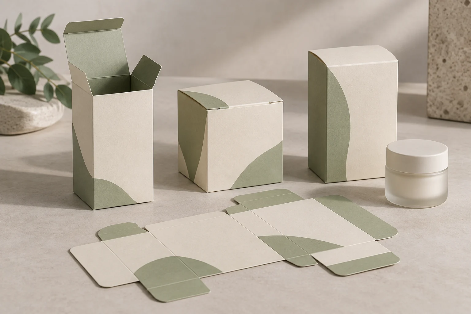 Concept illustration of folding cartons with tuck flaps and a flat blank
