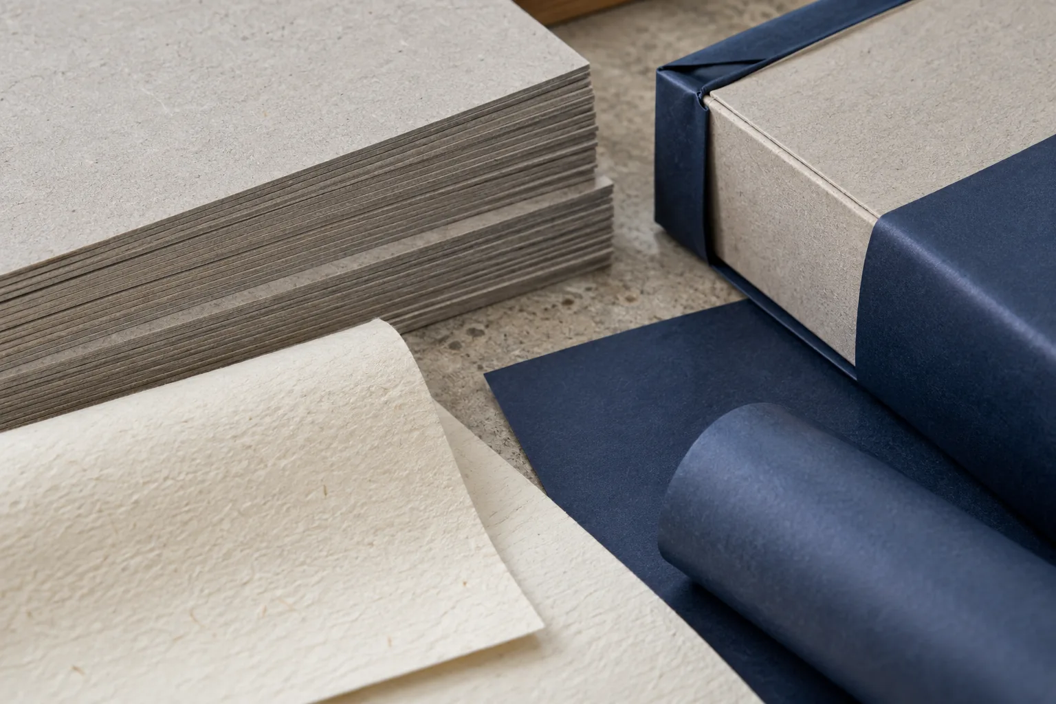 AI-generated close-up of greyboard sheets, textured wrap paper and a wrapped rigid box corner
