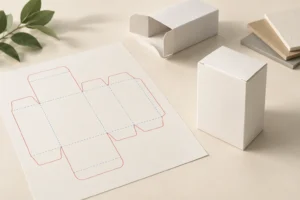 Concept illustration of a packaging dieline and an assembled folding carton