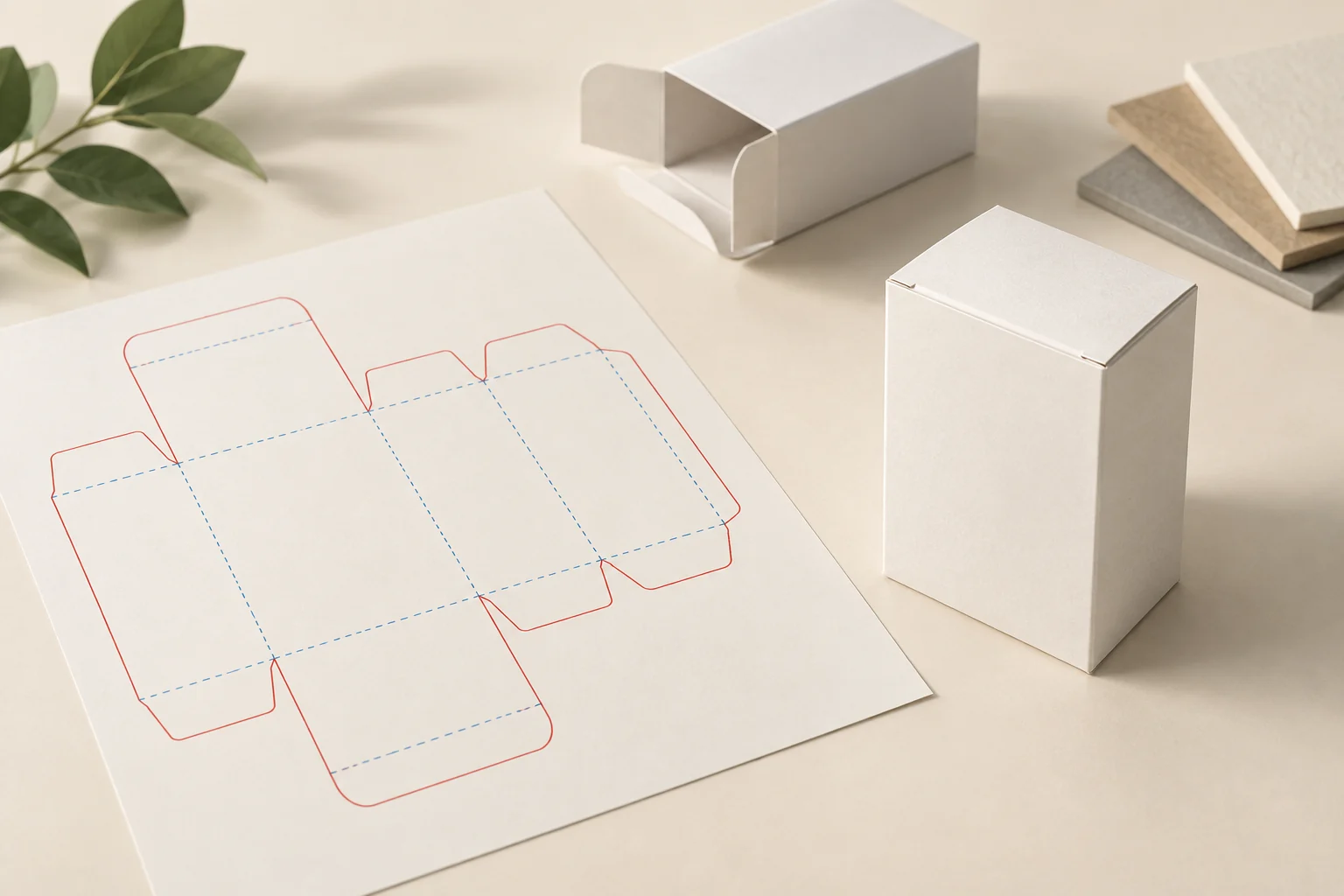 Concept illustration of a packaging dieline and an assembled folding carton