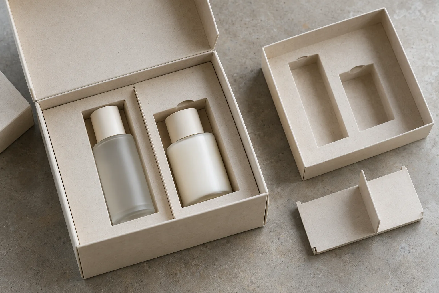AI-generated illustration of a rigid box with fitted paperboard insert, liner and cosmetic bottles