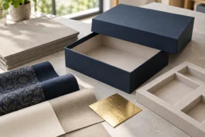 AI-generated illustration of a navy rigid gift box with paperboard and insert material samples