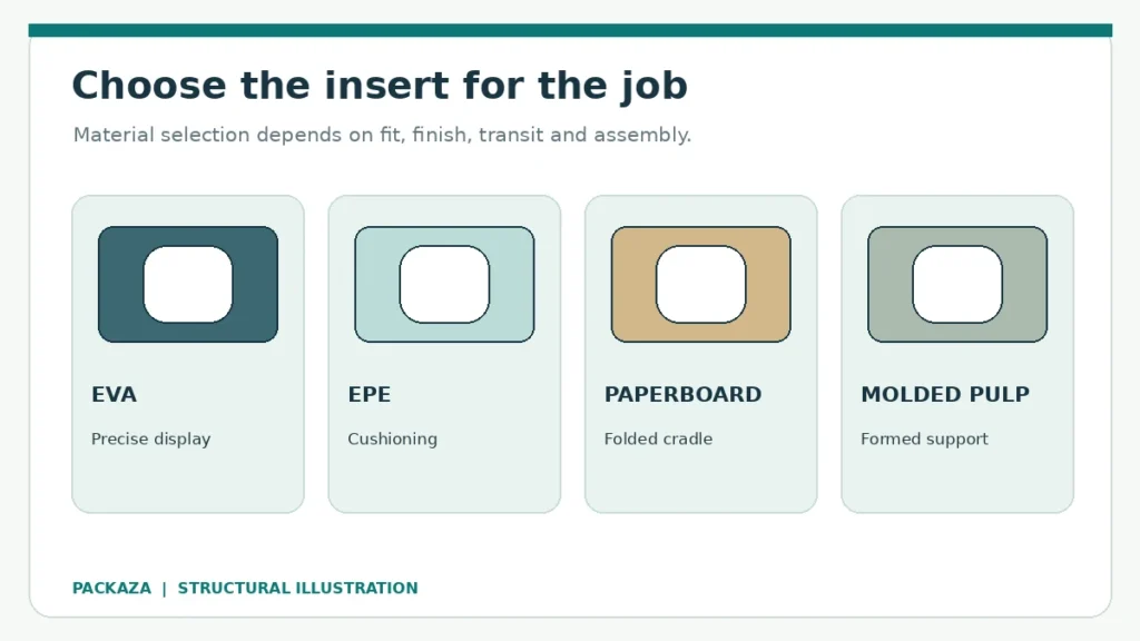 Illustrated comparison of EVA EPE paperboard and molded pulp rigid box inserts