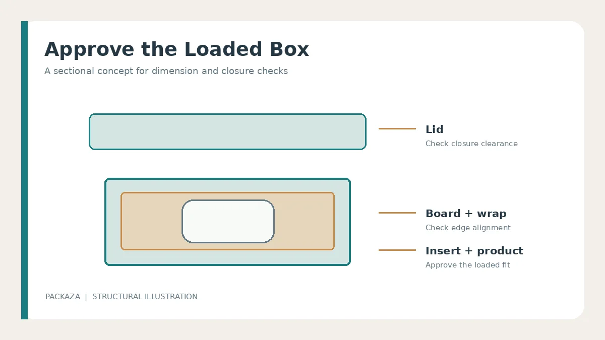 Section illustration of rigid box lid board wrap insert and product clearance