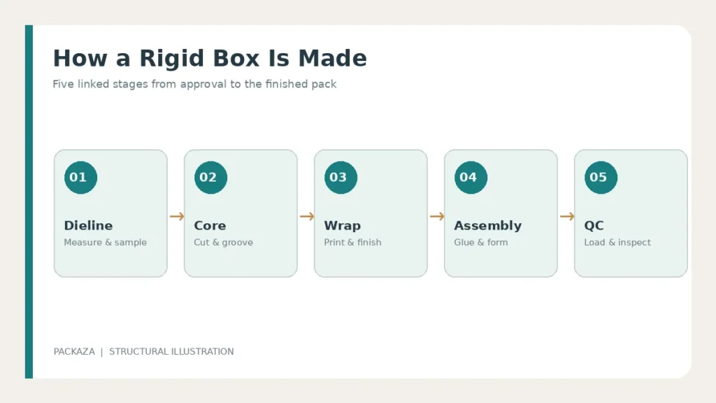 Five stages of the rigid box manufacturing process from dieline to final quality inspection