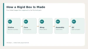 Five stages of the rigid box manufacturing process from dieline to final quality inspection