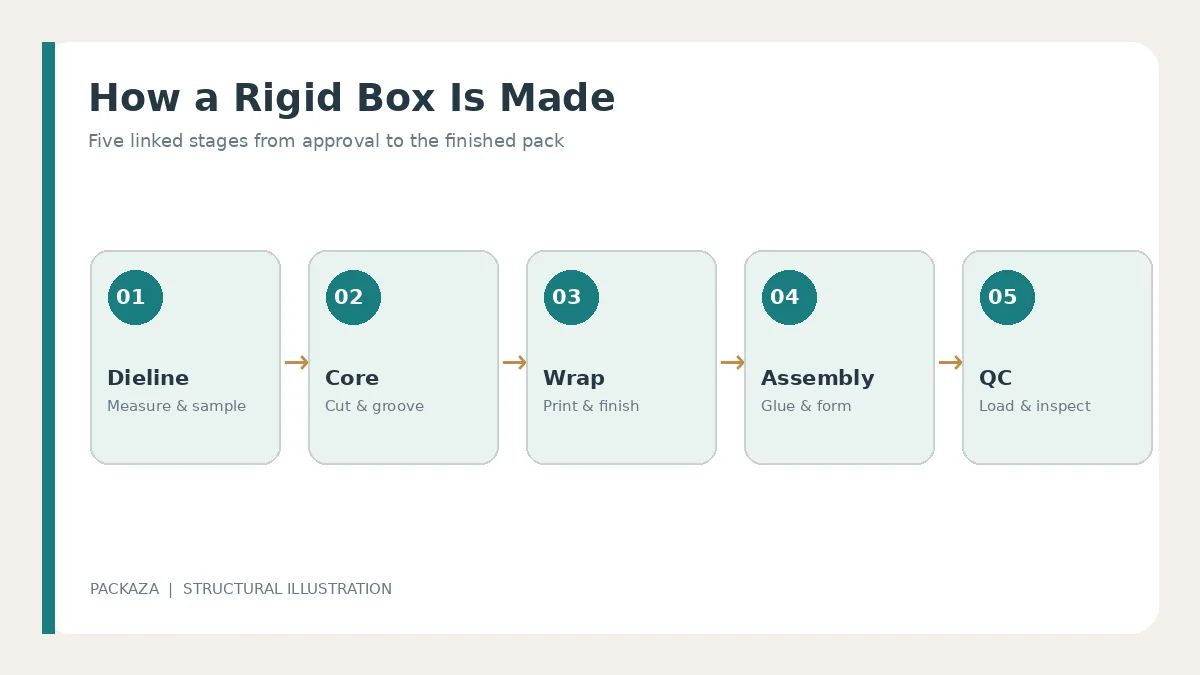 Five stages of the rigid box manufacturing process from dieline to final quality inspection
