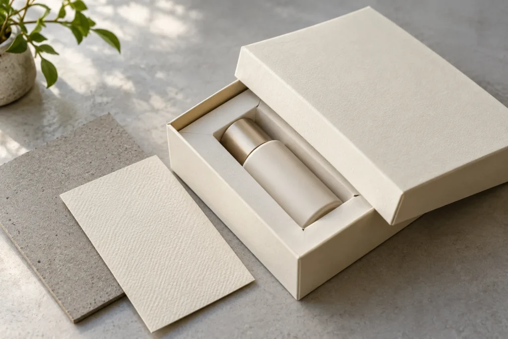 AI-generated illustration of a rigid gift box with greyboard, wrap paper and fitted paperboard insert