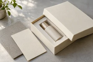 AI-generated illustration of a rigid gift box with greyboard, wrap paper and fitted paperboard insert