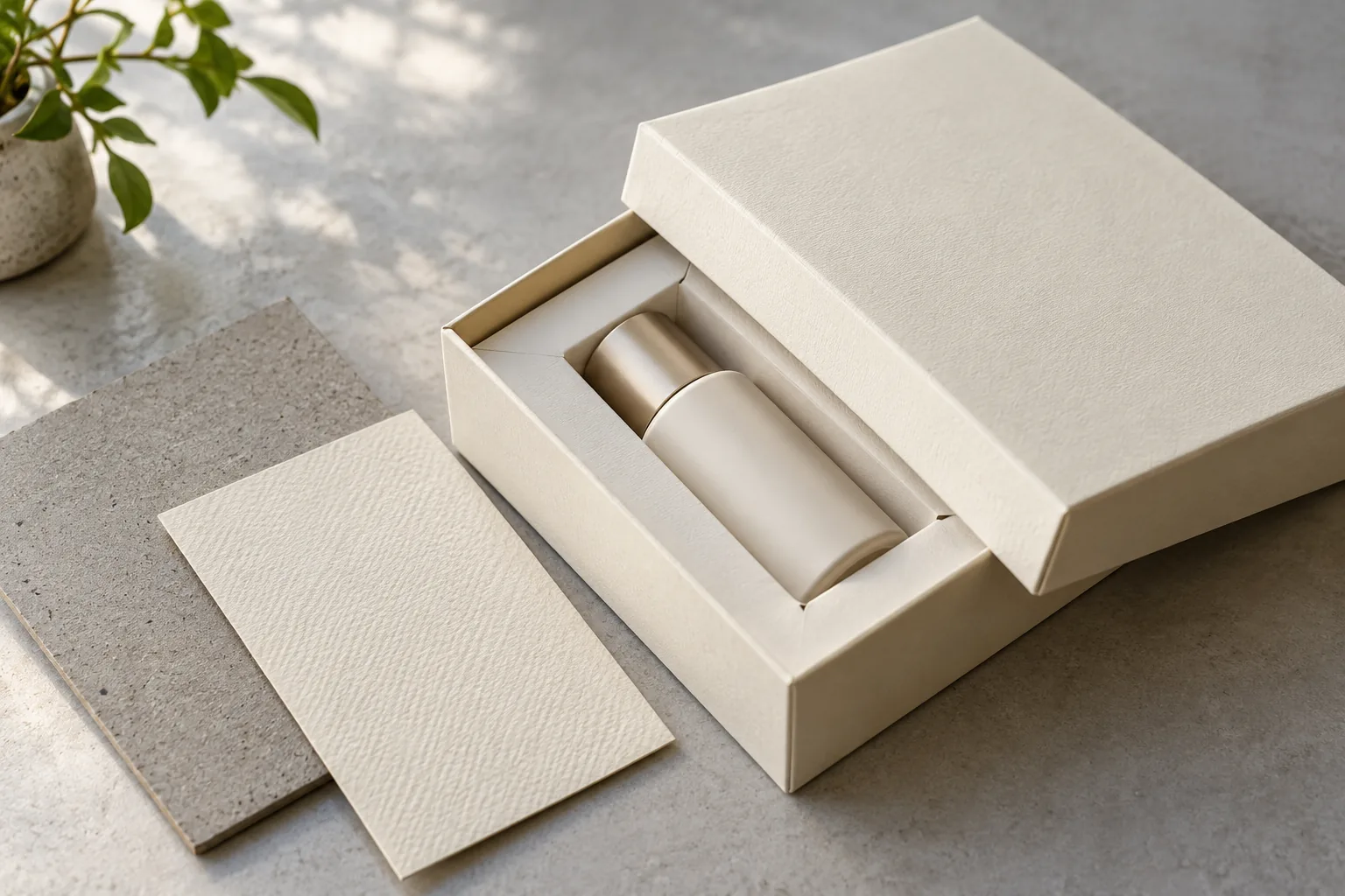 AI-generated illustration of a rigid gift box with greyboard, wrap paper and fitted paperboard insert