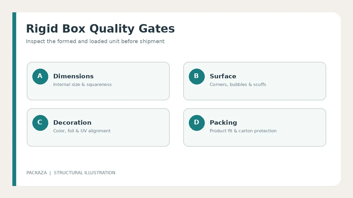 Rigid box quality control checks for dimensions surface decoration and export packing