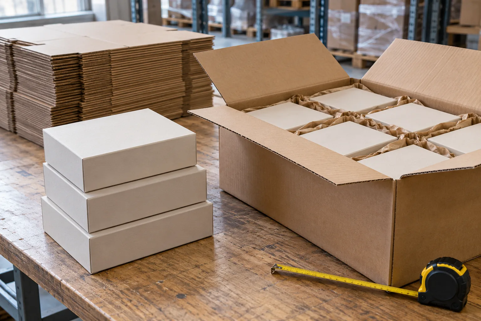 AI-generated illustration of assembled rigid boxes beside a master shipping carton