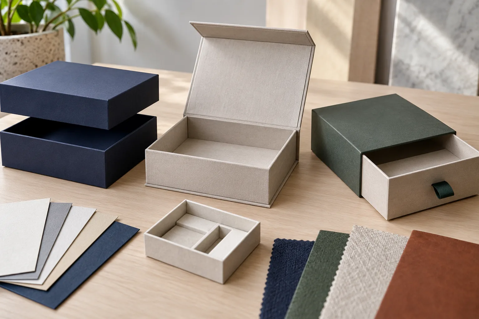 AI-generated illustration comparing lift-off lid, hinged and drawer rigid box styles