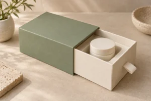 Concept illustration of rigid drawer boxes with a sliding tray and ribbon pull