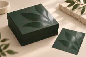 Concept illustration of spot UV packaging with gloss contrast on a matte green box