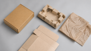 Sustainable packaging materials for e-commerce: kraft mailer, moulded fibre insert and paperboard carton