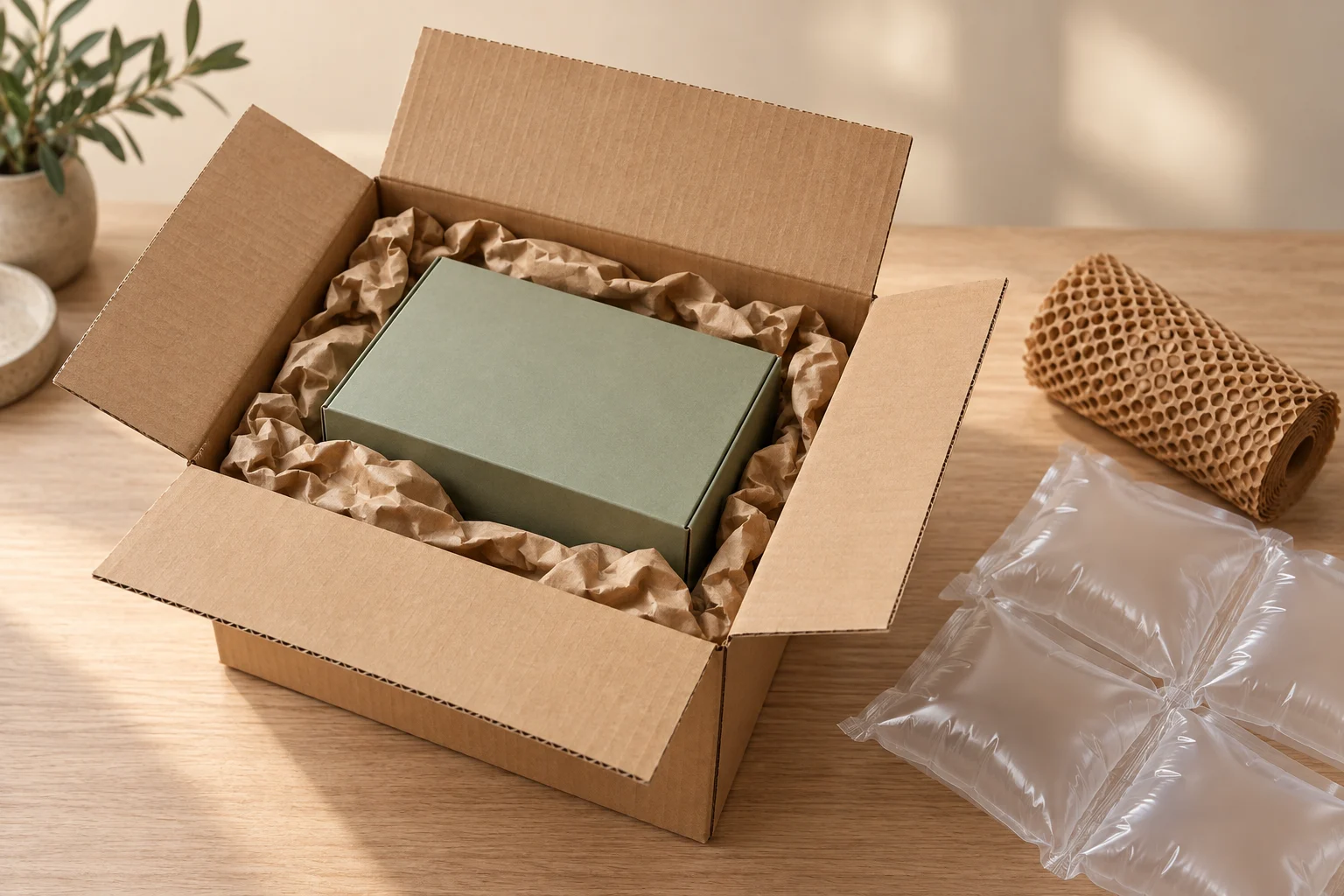 Concept illustration of void fill packaging with crumpled kraft paper around a product carton and air pillows beside the box