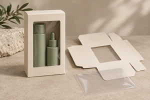 Concept illustration of window box packaging showing bottles through a clear panel