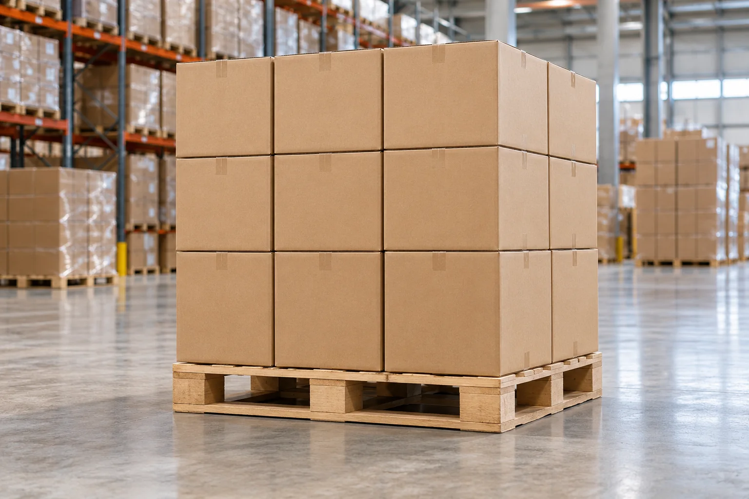 Conceptual unit load of corrugated cartons supported on a wooden pallet