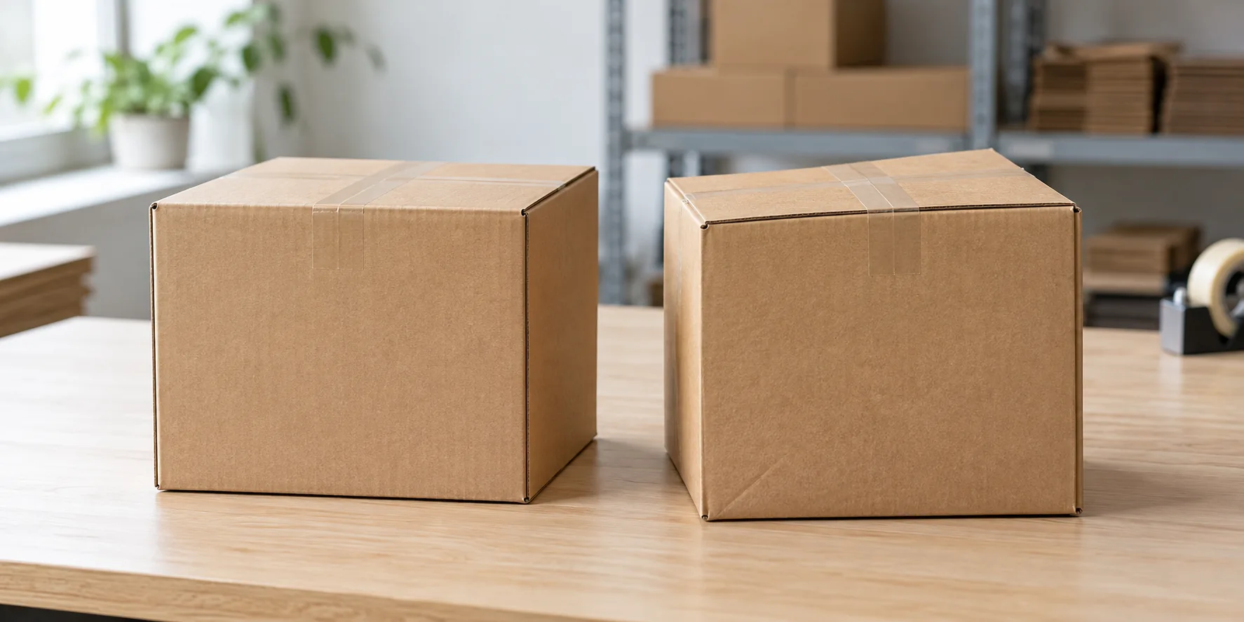 Concept comparison of two erected kraft boxes on a packing table