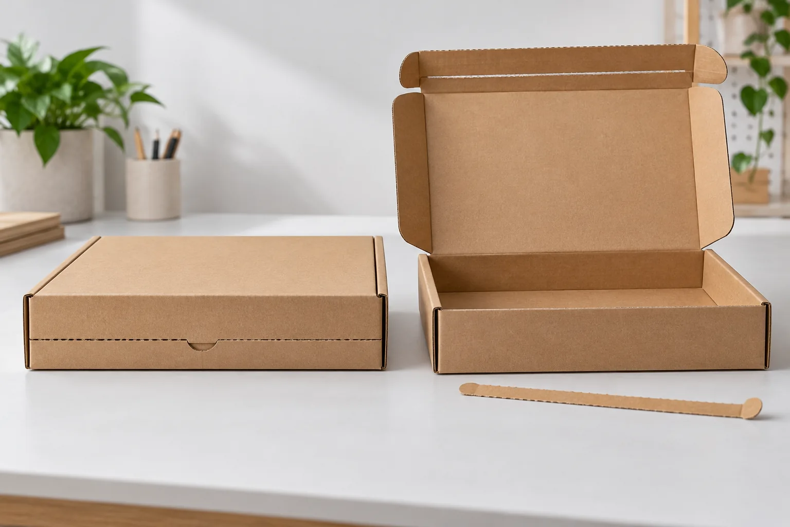Concept comparison of an intact and opened kraft corrugated mailer