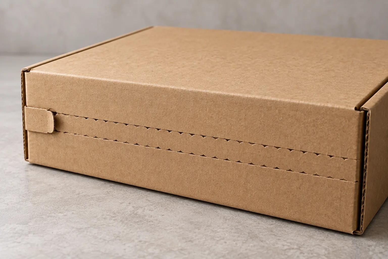Concept close-up of an intact tear strip and starting tab on a kraft mailer