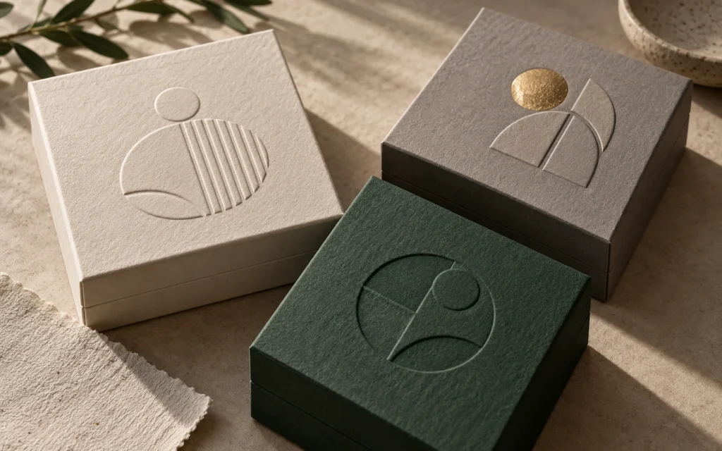 Conceptual gift box lids with raised and recessed paperboard surface effects