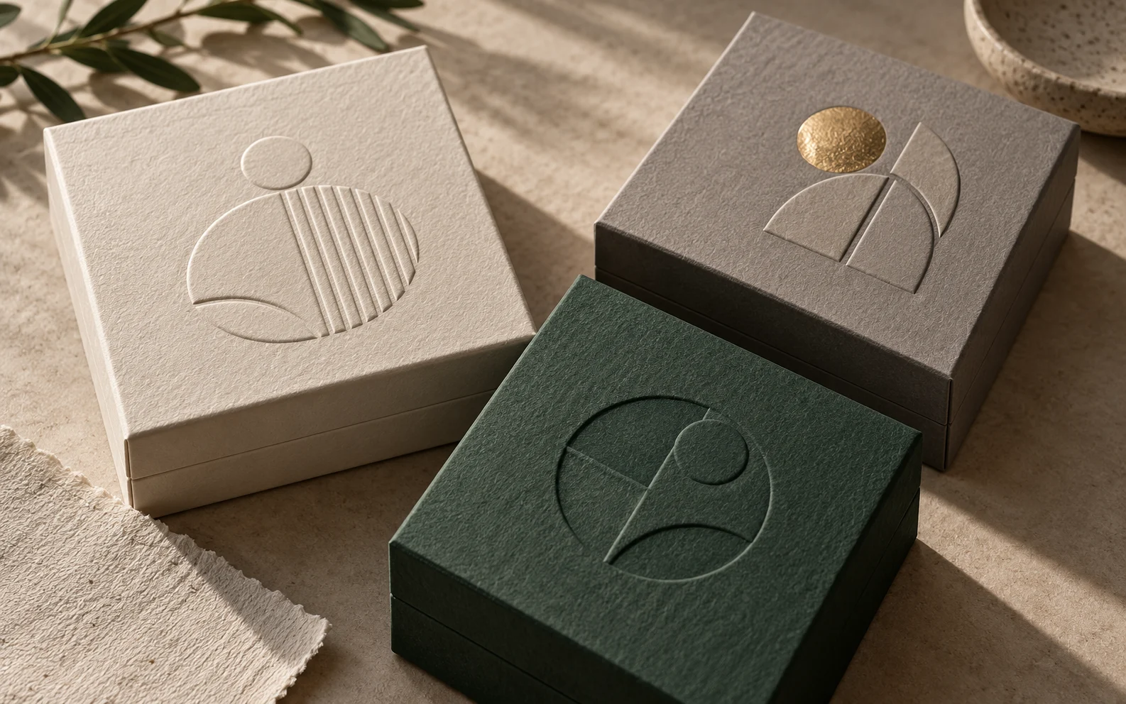 Conceptual paperboard gift box lids showing raised and recessed tactile finishes