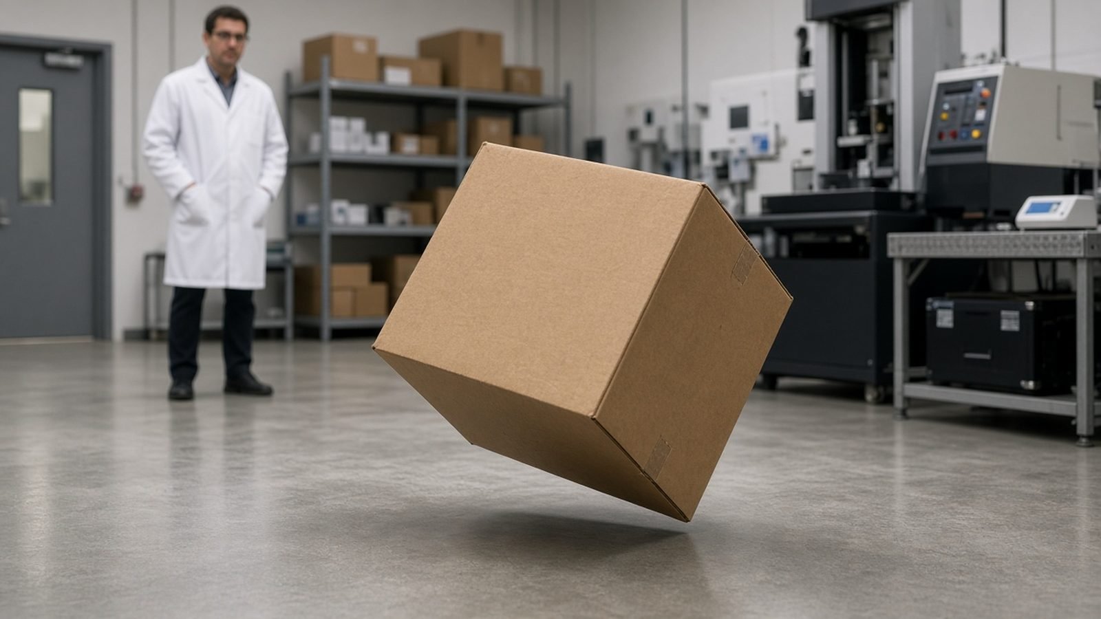 Cardboard box tilted in mid-air just above the floor of a test lab while a technician in a white lab coat watches during an ISTA 3A style drop
