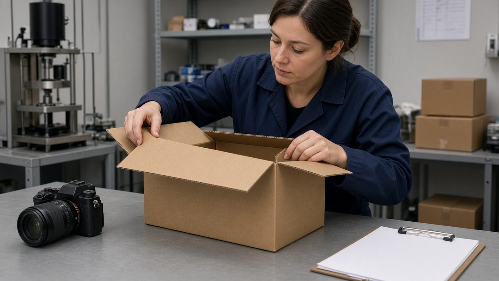 Lab technician in a navy work jacket opening the flaps of a cardboard box to inspect it, with a camera and a clipboard on the bench