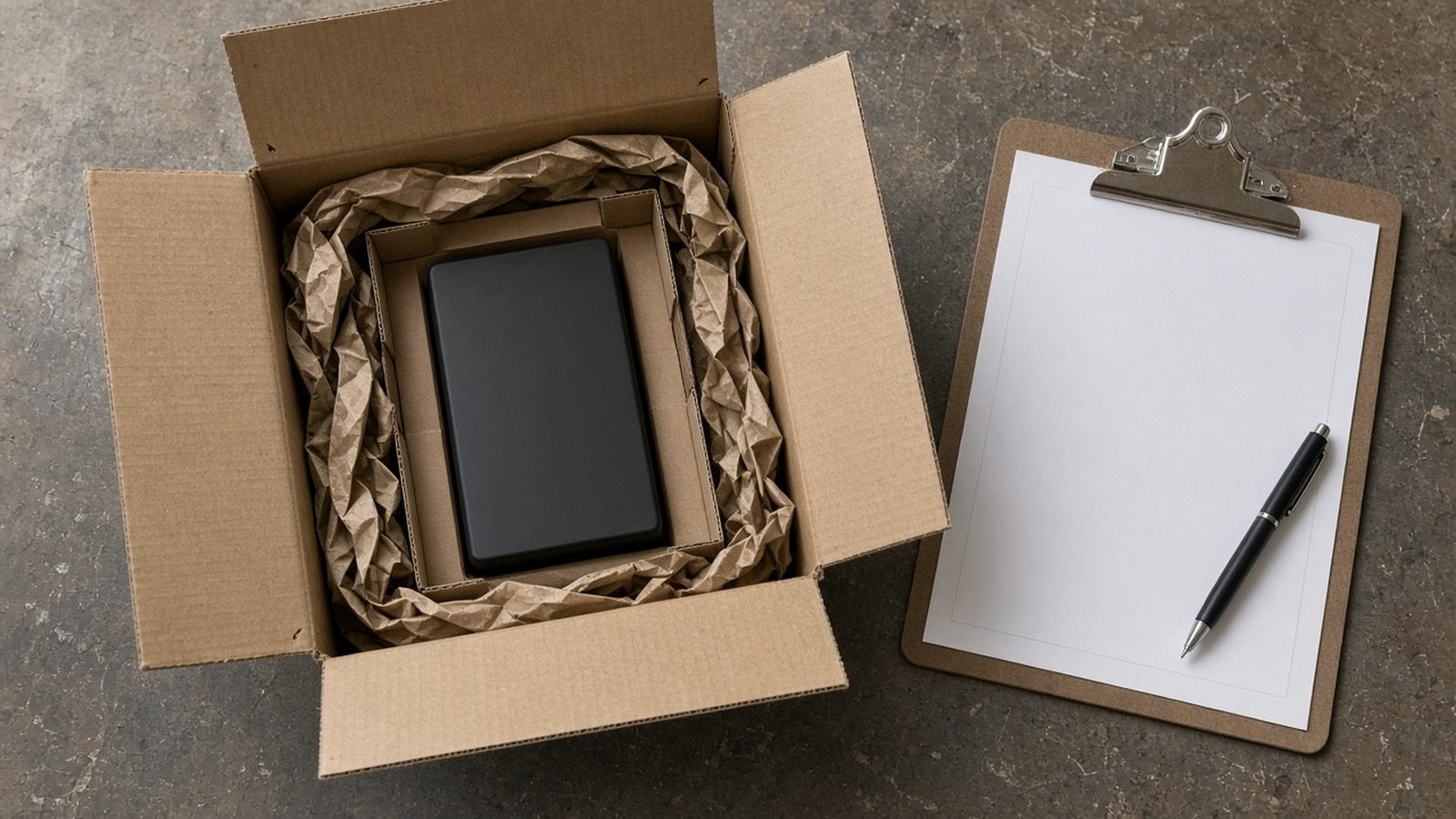 Open cardboard box from above with a dark product in an inner carton surrounded by crumpled kraft paper void fill, beside a blank clipboard and pen
