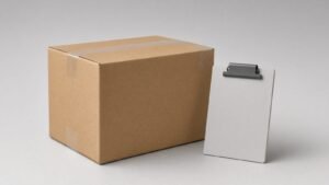 Sealed brown cardboard shipping box taped shut, with a blank grey clipboard leaning against it, as prepared for ISTA 3A testing