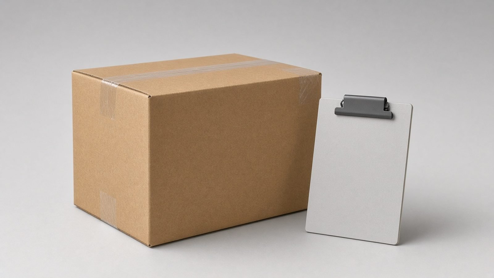 Sealed brown cardboard shipping box taped shut, with a blank grey clipboard leaning against it, as prepared for ISTA 3A testing