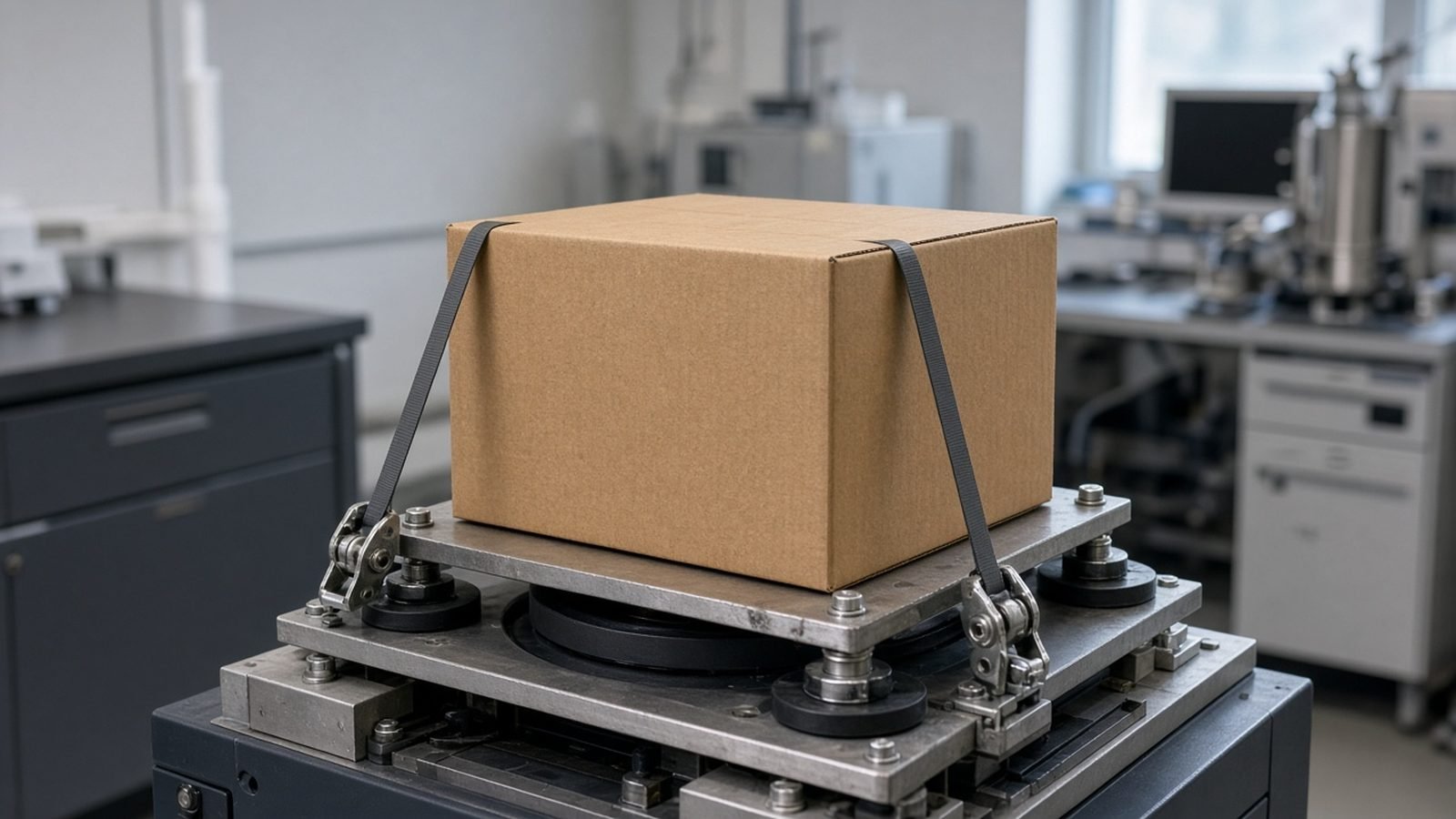 Brown cardboard box held down with two grey straps on a metal vibration test table in a laboratory