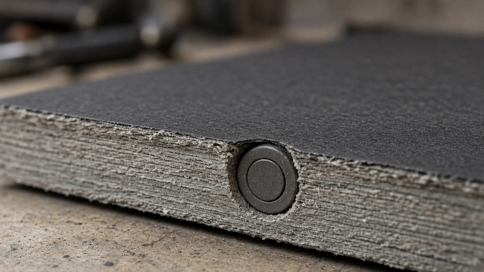 Macro view of a round magnet sunk into the edge of a grey board under the wrapped paper layer