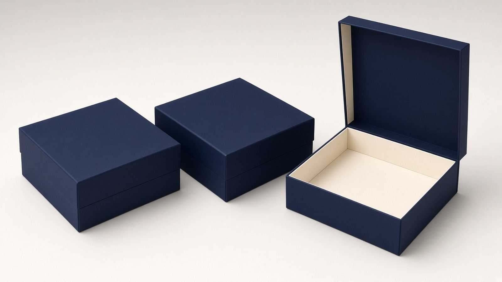 Three blank navy rigid gift boxes, two closed and one open with its lid raised to show the cream interior, in a magnetic gift box set